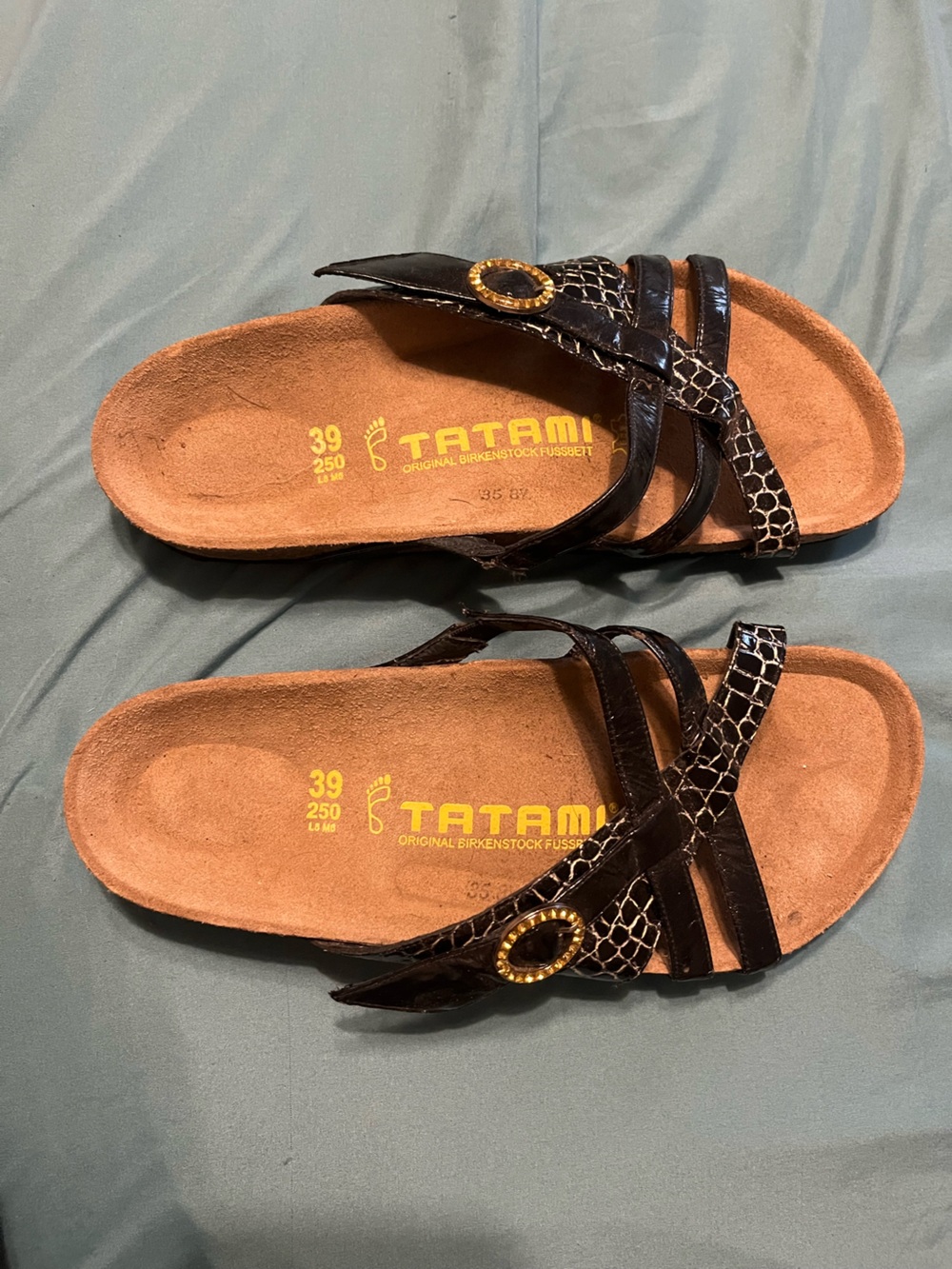 Birkenstock Tatami Sandals in Black with Gold Buckle